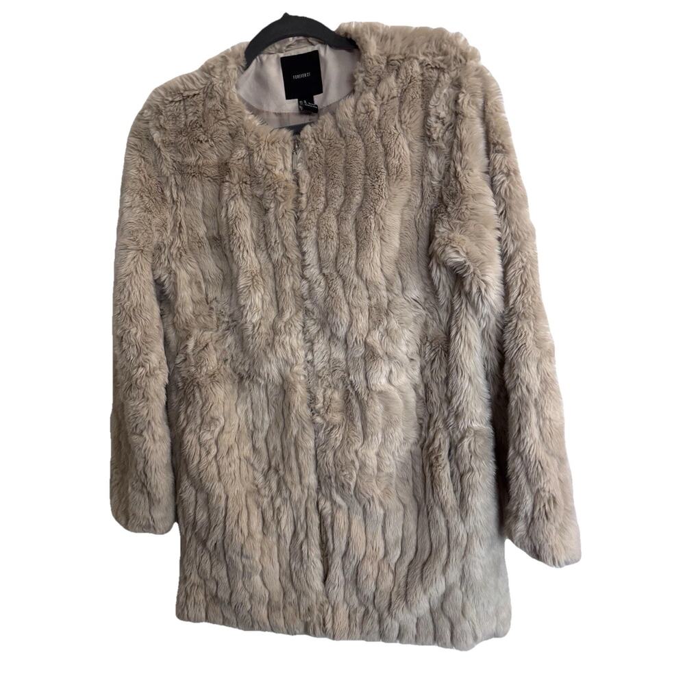Forever 21 Faux Fur Jacket M Tan Fully Lined Fill Zip Coquette Girl Preppy